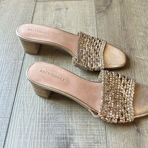 Anthropologie x Salt Umber Tripoli Heels Gold Woven Slides Low Heel US 9